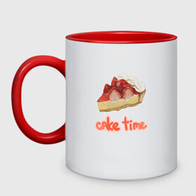 Кружка двухцветная с принтом Cake time! в городе Новоалтайск, керамика | объем — 330 мл, диаметр — 80 мм. Цветная ручка и кайма сверху, в некоторых цветах — вся внутренняя часть | Тематика изображения на принте: вкусняшка | еда | рисунок | розовый | торт