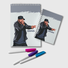 Блокнот с принтом EMINEM | ЭМИНЕМ (Z) в городе Новоалтайск, 100% бумага | 48 листов, плотность листов — 60 г/м2, плотность картонной обложки — 250 г/м2. Листы скреплены удобной пружинной спиралью. Цвет линий — светло-серый
 | Тематика изображения на принте: eminem | rap | еминем | зарубежный реп | реп | эминем