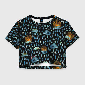 Женская футболка Crop-top 3D с принтом Дождливая осень.Солнце, облака в городе Новоалтайск, 100% полиэстер | круглая горловина, длина футболки до линии талии, рукава с отворотами | autumn | pattern | raibow | rain | raindrops | sun | watercolor | акварель | дизайн | дождливый | дождь | закат | капли | коллаж | ливень | морось | непогода | облака | осень | паттерн | погода | природа | радуга | рассвет | солнце