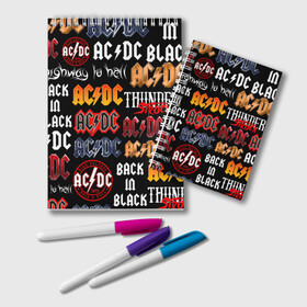 Блокнот с принтом AC DC LOGOBOMBING  в городе Новоалтайск, 100% бумага | 48 листов, плотность листов — 60 г/м2, плотность картонной обложки — 250 г/м2. Листы скреплены удобной пружинной спиралью. Цвет линий — светло-серый
 | Тематика изображения на принте: ac dc | angus young. | back in black | brian johnson | hells bells | highway to hell | rock | thunderstruck | tnt | ангус янг | брайан джонсон | группа | музыка | рок | эйси диси