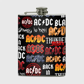 Фляга с принтом AC DC LOGOBOMBING  в городе Новоалтайск, металлический корпус | емкость 0,22 л, размер 125 х 94 мм. Виниловая наклейка запечатывается полностью | Тематика изображения на принте: ac dc | angus young. | back in black | brian johnson | hells bells | highway to hell | rock | thunderstruck | tnt | ангус янг | брайан джонсон | группа | музыка | рок | эйси диси
