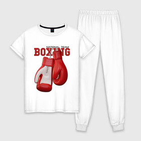 Женская пижама хлопок с принтом BOXING в городе Новоалтайск, 100% хлопок | брюки и футболка прямого кроя, без карманов, на брюках мягкая резинка на поясе и по низу штанин | box | boxing | fighter | figt | mma | national | sport | team | боец | бои | бокс | боксер | единоборства | перчатки | сборная | спорт