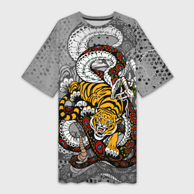 Платье-футболка 3D Змея и Тигр|Tiger Snake Fight: в городе Новоалтайск, | | beast | борьба | животные | зверь | змея | когти | кошки | огонь | тигр | узор | чб | японский