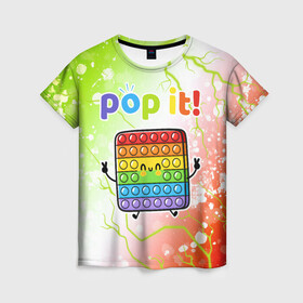 Женская футболка 3D с принтом Pop It - Happy - Lightning в городе Новоалтайск, 100% полиэфир ( синтетическое хлопкоподобное полотно) | прямой крой, круглый вырез горловины, длина до линии бедер | 2021 | anti | dimple | fidget | happy | pop it | popit | simple | simpledimple | stress | trend | trends | анти | димпл | молния | поп ит | симпл | стресс | тренд | тренды | фиджет