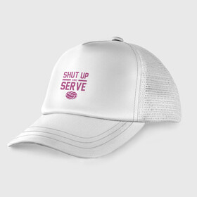 Детская кепка тракер с принтом Shut Up And Serve в городе Новоалтайск, Козырек - 100% хлопок. Кепка - 100% полиэстер, Задняя часть - сетка | универсальный размер, пластиковая застёжка | Тематика изображения на принте: ball | beach | game | sport | volley | volleyball | волейбол | волейболист | волейболистка | гол | игра | игрок | мяч | площадка | пляж | пляжный | победа | сетка | спорт | тренер | чемпион