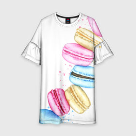 Детское платье 3D с принтом Macarons. Нежный десерт в городе Новоалтайск, 100% полиэстер | прямой силуэт, чуть расширенный к низу. Круглая горловина, на рукавах — воланы | акварель | акварельные | десерт | десерты | макаронс | макаруны | пирожное | пирожные | разноцветные | сладости