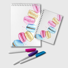 Блокнот с принтом Macarons. Нежный десерт в городе Новоалтайск, 100% бумага | 48 листов, плотность листов — 60 г/м2, плотность картонной обложки — 250 г/м2. Листы скреплены удобной пружинной спиралью. Цвет линий — светло-серый
 | Тематика изображения на принте: акварель | акварельные | десерт | десерты | макаронс | макаруны | пирожное | пирожные | разноцветные | сладости