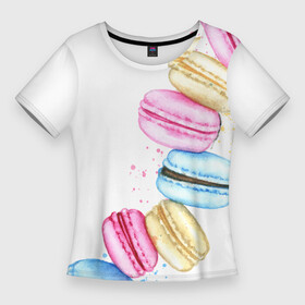 Женская футболка 3D Slim с принтом Macarons. Нежный десерт в городе Новоалтайск,  |  | Тематика изображения на принте: акварель | акварельные | десерт | десерты | макаронс | макаруны | пирожное | пирожные | разноцветные | сладости
