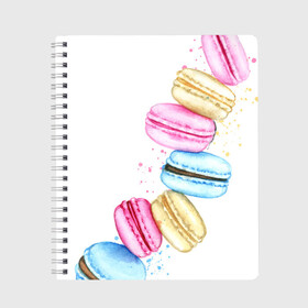 Тетрадь с принтом Macarons. Нежный десерт в городе Новоалтайск, 100% бумага | 48 листов, плотность листов — 60 г/м2, плотность картонной обложки — 250 г/м2. Листы скреплены сбоку удобной пружинной спиралью. Уголки страниц и обложки скругленные. Цвет линий — светло-серый
 | Тематика изображения на принте: акварель | акварельные | десерт | десерты | макаронс | макаруны | пирожное | пирожные | разноцветные | сладости