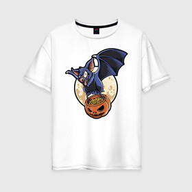 Женская футболка хлопок Oversize с принтом Halloween в городе Новоалтайск, 100% хлопок | свободный крой, круглый ворот, спущенный рукав, длина до линии бедер
 | bat | eyes | flight | halloween | holiday | jaw | moon | pumpkin | smile | wings | глаза | крылья | летучая мышь | луна | пасть | полёт | праздник | тыква | улыбка | хэллоуин