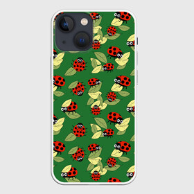 Чехол для iPhone 13 mini с принтом Божьи коровки на зеленом фоне в городе Новоалтайск,  |  | autumn | beetles | childrens | green | hide and seek | insects | ladybugs | leaves | play | print | red | summer | watch | yellow | божьи коровки | детский | желтые | жуки | зеленые | играют | красные | лето | листья | насекомые | осень | принт | прятки |