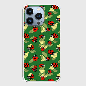 Чехол для iPhone 13 Pro с принтом Божьи коровки на зеленом фоне в городе Новоалтайск,  |  | autumn | beetles | childrens | green | hide and seek | insects | ladybugs | leaves | play | print | red | summer | watch | yellow | божьи коровки | детский | желтые | жуки | зеленые | играют | красные | лето | листья | насекомые | осень | принт | прятки |