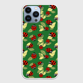 Чехол для iPhone 13 Pro Max с принтом Божьи коровки на зеленом фоне в городе Новоалтайск,  |  | autumn | beetles | childrens | green | hide and seek | insects | ladybugs | leaves | play | print | red | summer | watch | yellow | божьи коровки | детский | желтые | жуки | зеленые | играют | красные | лето | листья | насекомые | осень | принт | прятки |