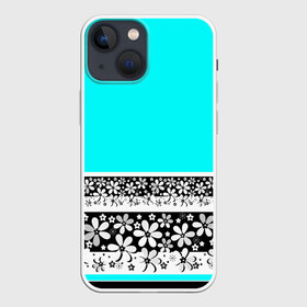 Чехол для iPhone 13 mini с принтом Цветочный бирюзовый  узор в городе Новоалтайск,  |  | Тематика изображения на принте: абстрактный | бирюзовый | девушкам | детский | кайма | летний | неоновый | ромашки | цветы | черный и белый