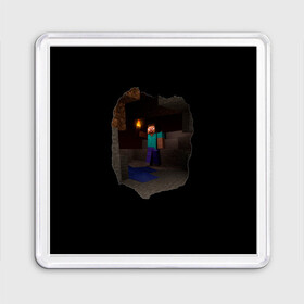 Магнит 55*55 с принтом Minecraft: в Поисках Счастья в городе Новоалтайск, Пластик | Размер: 65*65 мм; Размер печати: 55*55 мм | adventure | cave | in search of happiness | minecraft | steve | torch | в поисках счастья | пещера | приключения | стив