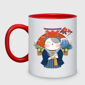 Кружка двухцветная с принтом Japan fuji lucky cat в городе Новоалтайск, керамика | объем — 330 мл, диаметр — 80 мм. Цветная ручка и кайма сверху, в некоторых цветах — вся внутренняя часть | Тематика изображения на принте: cat | fuji | japan | lucky | torii | кошка | счастливая | тории | фудзи | япония
