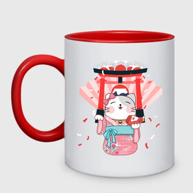 Кружка двухцветная с принтом Japan pink cat cherry blossom в городе Новоалтайск, керамика | объем — 330 мл, диаметр — 80 мм. Цветная ручка и кайма сверху, в некоторых цветах — вся внутренняя часть | Тематика изображения на принте: cat | cherryblossom | japan | pink | кошка | розовый | сакура | япония