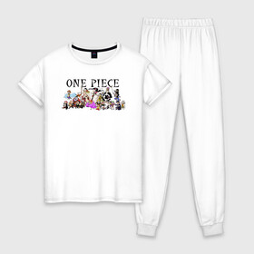 Женская пижама хлопок с принтом Персонажи One Piece. Большой куш в городе Новоалтайск, 100% хлопок | брюки и футболка прямого кроя, без карманов, на брюках мягкая резинка на поясе и по низу штанин | anime | manga | monkey d. luffy | one piece | аниме | большой куш | ван пис | вон пис | гол д. роджер | кайдо | король пиратов | луфи | луффи | манга | манки д. луффи | нами | нико робин | пират | портгас д. эйс | ророноа зоро