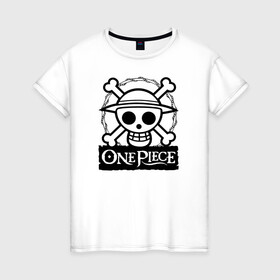 Женская футболка хлопок с принтом Веселый Роджер One Piece. Большой куш в городе Новоалтайск, 100% хлопок | прямой крой, круглый вырез горловины, длина до линии бедер, слегка спущенное плечо | anime | manga | one piece | аниме | большой куш | ван пис | весёлый роджер | вон пис | король пиратов | логотип | манга | монки д. луффи | мугивары | перекрещённый костями | пират | пиратский флаг