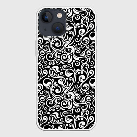 Чехол для iPhone 13 mini с принтом Черно белая роспись в городе Новоалтайск,  |  | Тематика изображения на принте: abstract | black and white | pattern | texture | абстрактный рисунок | абстракция | белый рисунок | белый узор | волнистый узор | завитки | круги | минимализм | монохром | орнамент | паттерн | роспись | текстура | узор