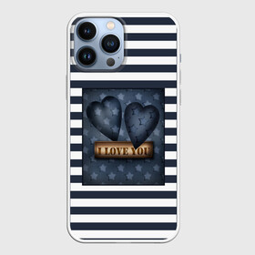 Чехол для iPhone 13 Pro Max с принтом Я тебя люблю в городе Новоалтайск,  |  | Тематика изображения на принте: влюбленным | для любимого | любовь | полосатый узор | ретро | сердце | синий | темно синий