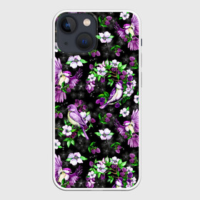 Чехол для iPhone 13 mini с принтом Птички в вечернем саду в городе Новоалтайск,  |  | акварель | акварельный | вечер | вечерний | ежевика | ежевичка | звездочки | звезды | птицы | птички | темный | цветочный | цветы | ягодки | ягоды