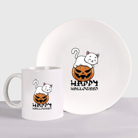 Набор: тарелка + кружка с принтом Kitten & Pumpkin в городе Новоалтайск, керамика | Кружка: объем — 330 мл, диаметр — 80 мм. Принт наносится на бока кружки, можно сделать два разных изображения. 
Тарелка: диаметр - 210 мм, диаметр для нанесения принта - 120 мм. | cat | ears | eyes | halloween | holiday | jaw | kitten | moustache | nose | paws | pumpkin | smile | tail | teeth | глаза | зубы | кот | котёнок | кошка | лапы | нос | праздник | тыква | улыбка | усы | уши | хвост | хэллоуин