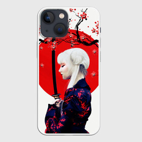 Чехол для iPhone 13 mini с принтом НАД ВЕТВЯМИ САКУРЫ в городе Новоалтайск,  |  | ветви | девушка | катана | кунаичи | сакура | самурай | солнце | флаг | япония