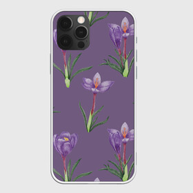 Чехол для iPhone 12 Pro Max с принтом Цветы шафрана на фиолетовом в городе Новоалтайск, Силикон |  | 8 марта | flowers | march 8 | spring | ботаническая иллюстрация | весна | день рождения | зеленый | лето | любовь | праздник | принт | природа | растения | фиолетовый | цветы | шафран