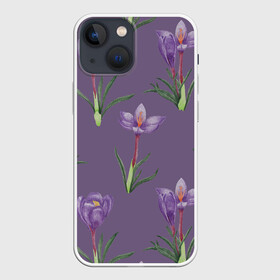Чехол для iPhone 13 mini с принтом Цветы шафрана на фиолетовом в городе Новоалтайск,  |  | 8 марта | flowers | march 8 | spring | ботаническая иллюстрация | весна | день рождения | зеленый | лето | любовь | праздник | принт | природа | растения | фиолетовый | цветы | шафран