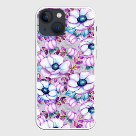 Чехол для iPhone 13 mini с принтом Анемоны   цветочный ковер в городе Новоалтайск,  |  | акварель | акварельный | анемон | анемоны | ковер | листья | сиреневый | цветочки | цветочный | цветы