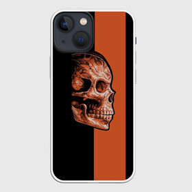 Чехол для iPhone 13 mini с принтом Череп в городе Новоалтайск,  |  | готика | готический стиль | готический череп | мертвец | нежить | нечисть | оранжевая полоса | черный фон