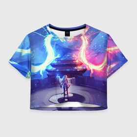 Женская футболка Crop-top 3D с принтом БИТВА ДРАКОНОВ в городе Новоалтайск, 100% полиэстер | круглая горловина, длина футболки до линии талии, рукава с отворотами | Тематика изображения на принте: аниме | битва | девушка | драконы | меч | неон