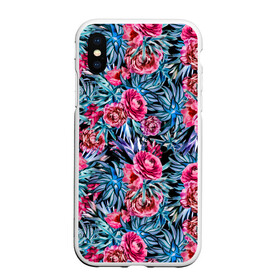 Чехол для iPhone XS Max матовый с принтом Тропические цветы  в городе Новоалтайск, Силикон | Область печати: задняя сторона чехла, без боковых панелей | Тематика изображения на принте: летний | розовый | синий | тропический узор | цветочный узор | цветы | экзотические цветы