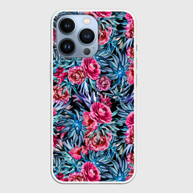 Чехол для iPhone 13 Pro с принтом Тропические цветы в городе Новоалтайск,  |  | Тематика изображения на принте: летний | розовый | синий | тропический узор | цветочный узор | цветы | экзотические цветы