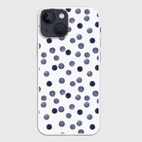 Чехол для iPhone 13 mini с принтом Акварельный синий горох в городе Новоалтайск,  |  | акварельный | акварельный узор | белый и синий | в горошек | горох | синий горох | темно синий горох