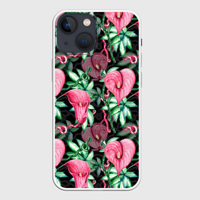 Чехол для iPhone 13 mini с принтом Цветы в райском саду в городе Новоалтайск,  |  | вечерний | джунгли | калла | каллы | лианы | листва | листья | праздничный | райский | сад | темный | цветочки | цветочный | цветы