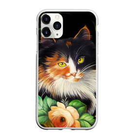 Чехол для iPhone 11 Pro Max матовый с принтом Трёхцветная кошка в городе Новоалтайск, Силикон |  | Тематика изображения на принте: декоративная роспись | живопись | жостовская роспись | кошка | кошка трехцветная | цветы
