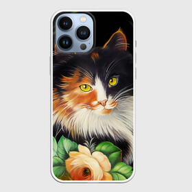 Чехол для iPhone 13 Pro Max с принтом Трёхцветная кошка в городе Новоалтайск,  |  | Тематика изображения на принте: декоративная роспись | живопись | жостовская роспись | кошка | кошка трехцветная | цветы
