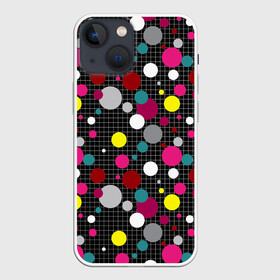 Чехол для iPhone 13 mini с принтом Разноцветный горох на черном в городе Новоалтайск,  |  | в горох | детский | для детей | желтый горох | клетка | красный | малышам | мальчиковый узор | разноцветный горох | темный | черный