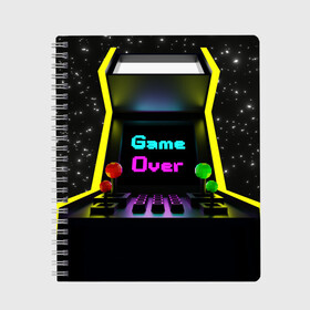 Тетрадь с принтом Game Over в городе Новоалтайск, 100% бумага | 48 листов, плотность листов — 60 г/м2, плотность картонной обложки — 250 г/м2. Листы скреплены сбоку удобной пружинной спиралью. Уголки страниц и обложки скругленные. Цвет линий — светло-серый
 | dandy | game | game over | games | space | star | stars | автомат | денди | звезда | звезды | игра | игра окончена | игровая зависимость | игровой автомат | игроман | игрушки | игры | компьютер | компьютерная игра