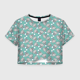 Женская футболка Crop-top 3D с принтом Воланы на ментоловом в городе Новоалтайск, 100% полиэстер | круглая горловина, длина футболки до линии талии, рукава с отворотами | бадминтон | белый | воланы | ментоловый | минт | нежно зеленый | орнамент | паттерн | спорт | спортивное | узор | цвет тиффани