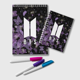 Блокнот с принтом BTS BUTTERFLIES | БАБОЧКИ в городе Новоалтайск, 100% бумага | 48 листов, плотность листов — 60 г/м2, плотность картонной обложки — 250 г/м2. Листы скреплены удобной пружинной спиралью. Цвет линий — светло-серый
 | Тематика изображения на принте: bts | j pop | jhope | jimin | jin | jungkook | kpop | music | nct | pop | pop idols | suga | v | айдолы | бтс | идолы | к поп | корейская музыка | нст | поп | попса | чимин