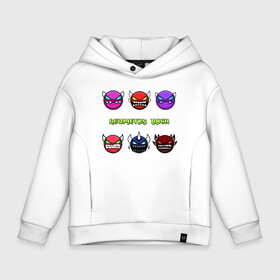 Детское худи Oversize хлопок с принтом Geometry Dash  в городе Новоалтайск, френч-терри — 70% хлопок, 30% полиэстер. Мягкий теплый начес внутри —100% хлопок | боковые карманы, эластичные манжеты и нижняя кромка, капюшон на магнитной кнопке | geometry dash | icons | robot | robtop | геомерия даш | геометри дэш | геометрия дэш | игра геометрия дэш | иконки | платформер | роботы