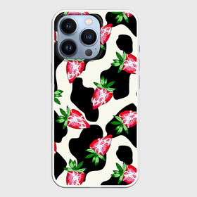 Чехол для iPhone 13 Pro с принтом Клубника на коровьей шкуре в городе Новоалтайск,  |  | Тематика изображения на принте: акварель | белый | еда | клубника | корова | красный | летний | молоко | орнамент | паттерн | правильное питание | принт | пятна | рисунок | сочный | черный | ягоды | яркие принты | яркий принт