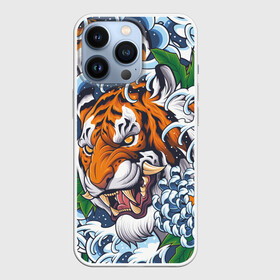 Чехол для iPhone 13 Pro с принтом Тигр в городе Новоалтайск,  |  | Тематика изображения на принте: дикая кошка | зверь | клык | крупная кошка | тигр | хищник | хризантема | цветы | япония