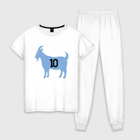 Женская пижама хлопок с принтом GOAT - Maradona в городе Новоалтайск, 100% хлопок | брюки и футболка прямого кроя, без карманов, на брюках мягкая резинка на поясе и по низу штанин | argentina | diego | football | maradona | messi | аргентина | гол | диего | игрок | марадона | месси | мяч | рука бога | спорт | футбол | футболист | чемпион