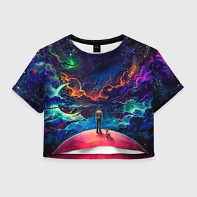 Женская футболка Crop-top 3D с принтом Глубокий космос в городе Новоалтайск, 100% полиэстер | круглая горловина, длина футболки до линии талии, рукава с отворотами | арт | графика | космос | неон | неоновый принт