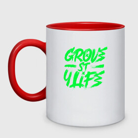 Кружка двухцветная с принтом Grove street for Life в городе Новоалтайск, керамика | объем — 330 мл, диаметр — 80 мм. Цветная ручка и кайма сверху, в некоторых цветах — вся внутренняя часть | green | grove | винтаж | граффити vaporwave | леттеринг | текстуры | тени | яркость