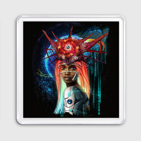 Магнит 55*55 с принтом Cyberpunk girl в городе Новоалтайск, Пластик | Размер: 65*65 мм; Размер печати: 55*55 мм | волосы | девушка | киберпанк | корона | космос | планета